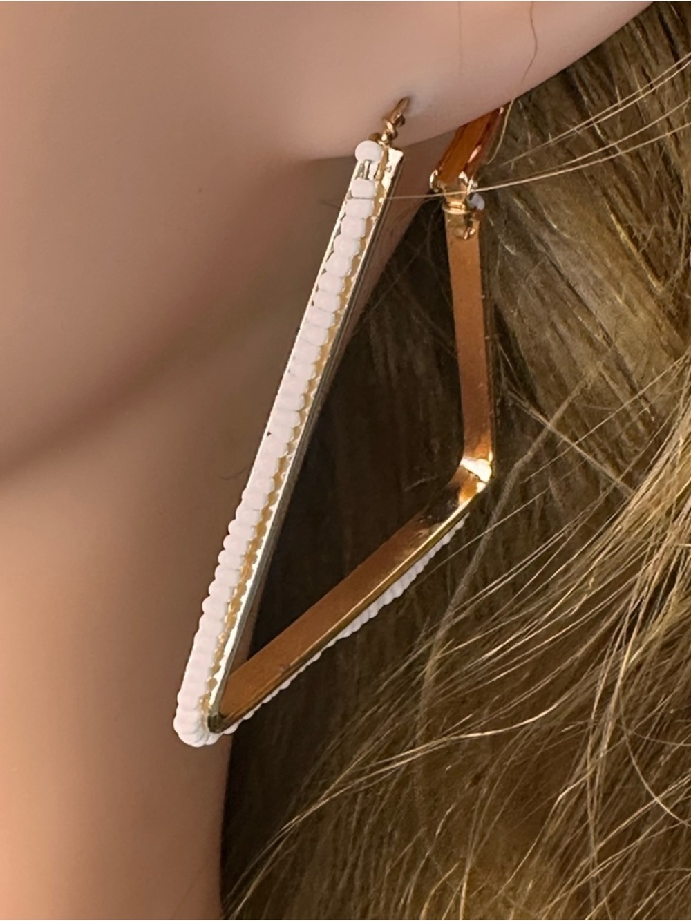 White Beaded Triangle Hoop Earrings | Bold Geometric Statement Jewelry | NWT - Picture 5 of 11